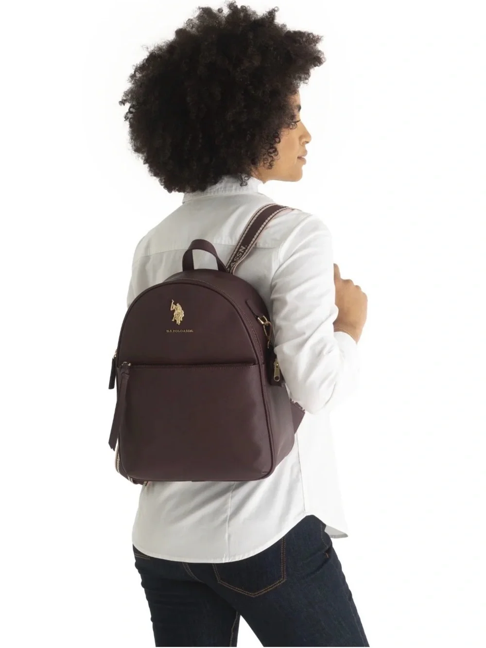 U.S. Polo Assn. Saffiano Backpack in Burgundy with Gold Hardware